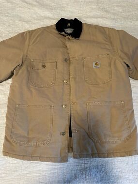 Carhartt WIP Tan Canvas Heavy Chore Jacket with Black Corduroy Collar